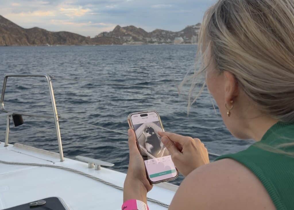 A woman with blonde hair and a green top sits on a boat, looking at her phone—thanks to her travel eSIM, she's viewing a photo of a black-and-white dog. Mountains and water create a serene backdrop.